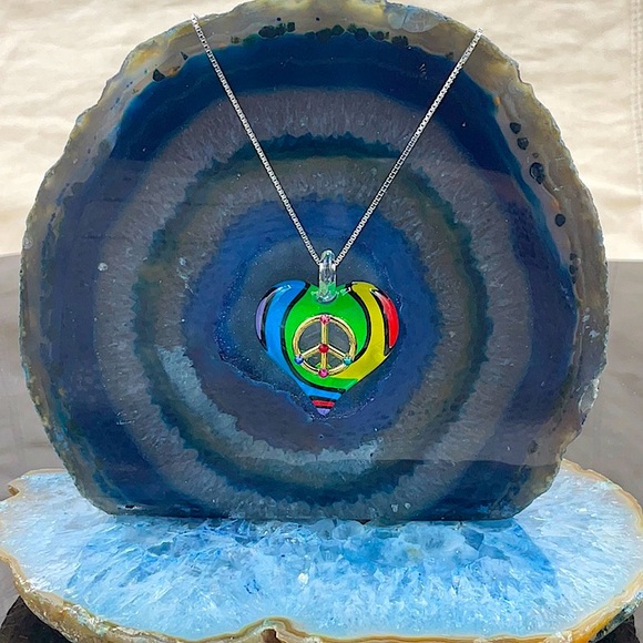 Glass Baron Glass Art Rainbow Heart Shaped Peace Sign 16” Necklace - Picture 5 of 10